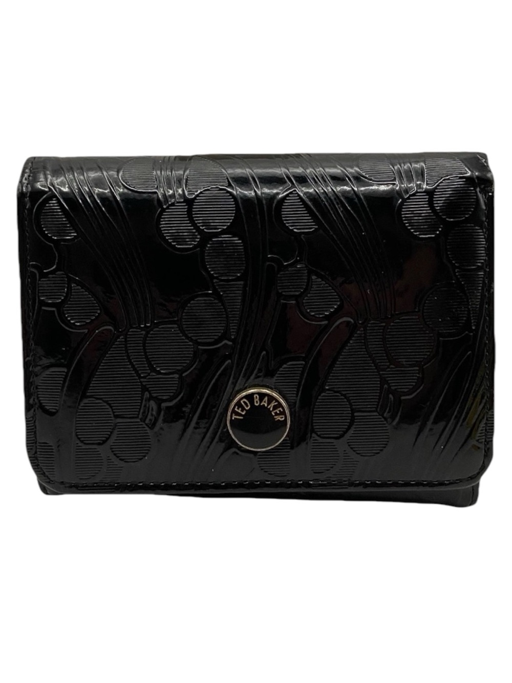 Ted Baker Black Patent Leather Cherry Embossed Wallet with Gold-Tone Logo Button